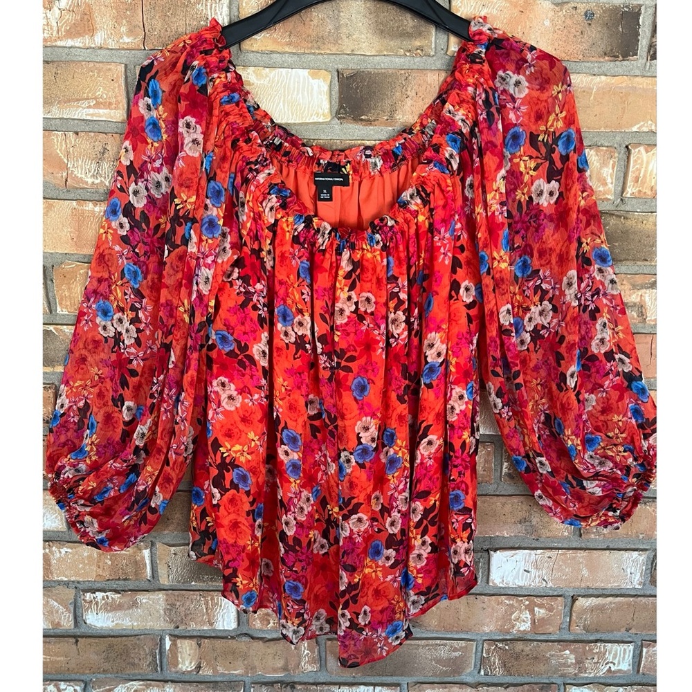International Concepts Women’s Orange Floral Long Sleeve Off Shoulder Blouse XL